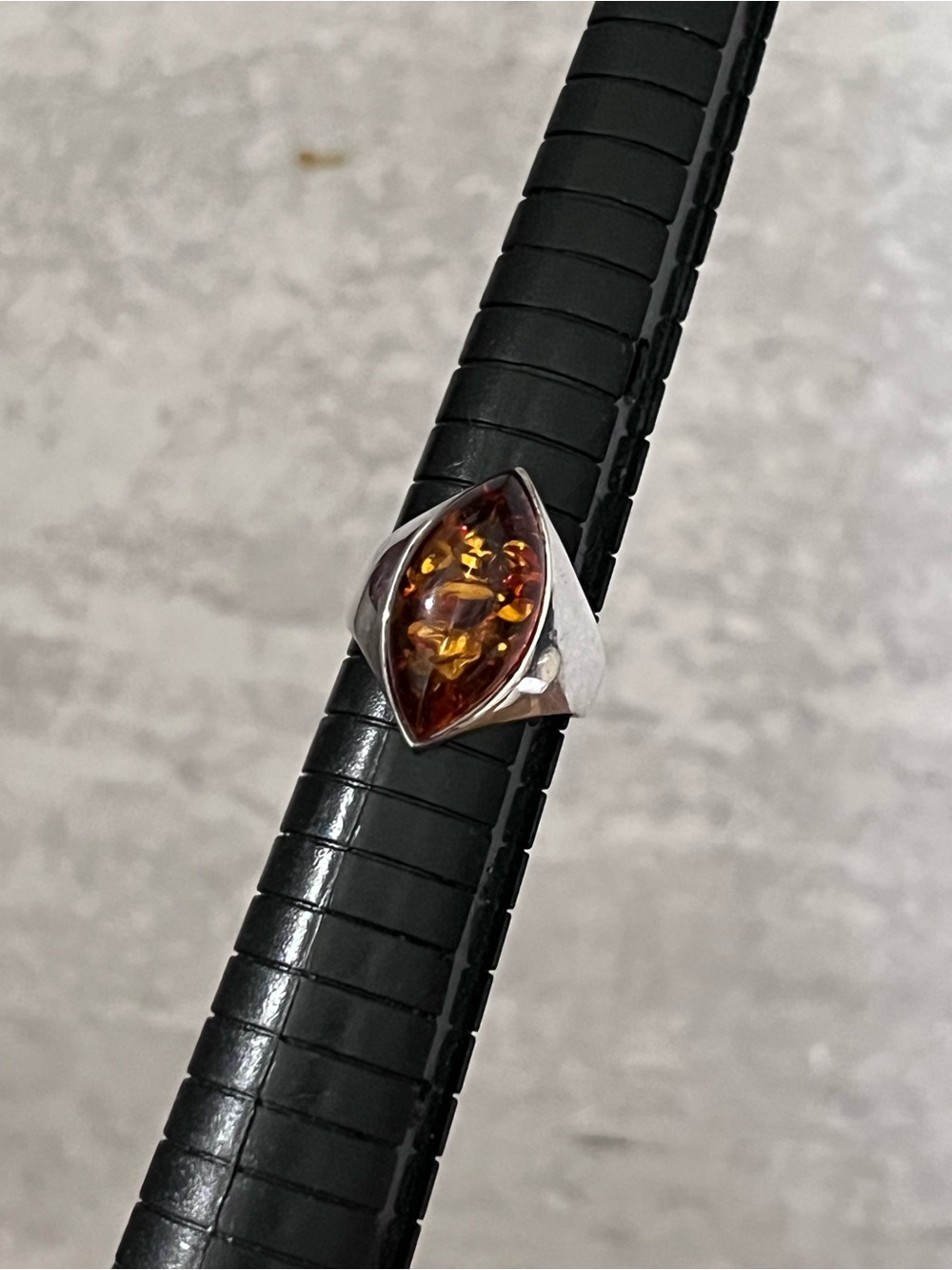Vintage Sterling Silver Amber Marquise Ring - Cognac Brown